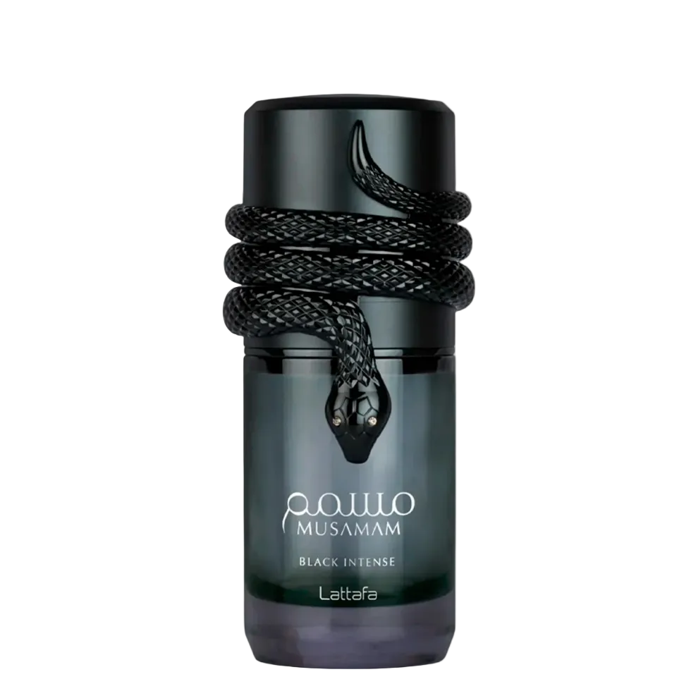 Musnam Black Intense cologne bottle by Lattafa, featuring a dark gradient bottle with a black coiled snake wrapped around the neck, on a white background.