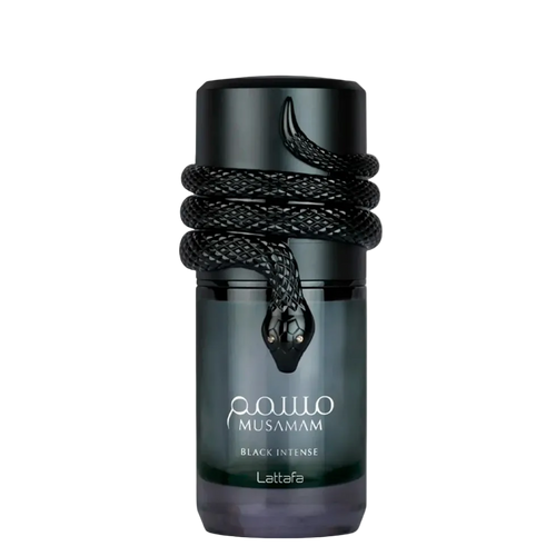Musnam Black Intense cologne bottle by Lattafa, featuring a dark gradient bottle with a black coiled snake wrapped around the neck, on a white background.