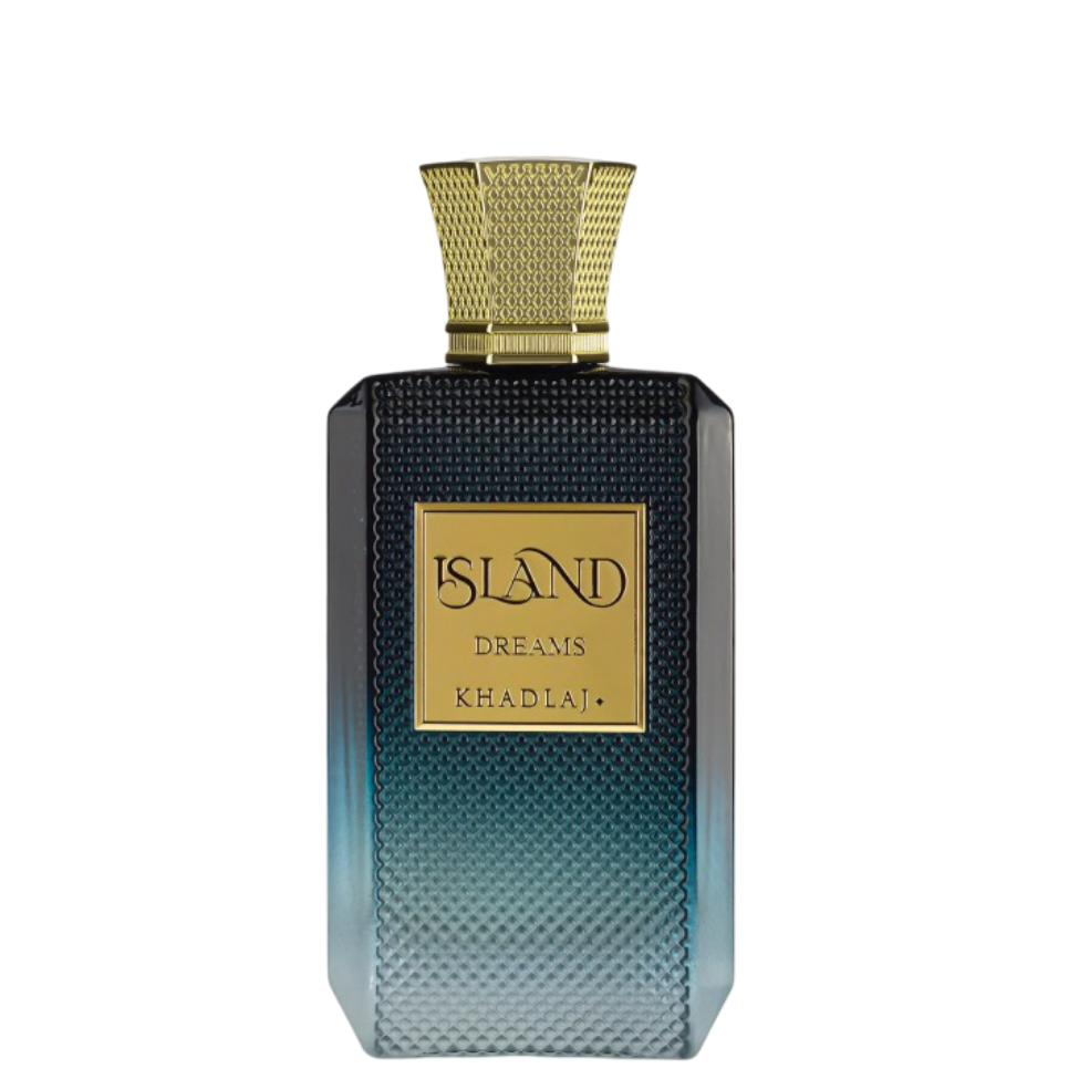 A rectangular perfume bottle with a textured gradient from dark blue to teal, featuring a gold cap and a gold label that reads 'ISLAND DREAMS KHADLA'.