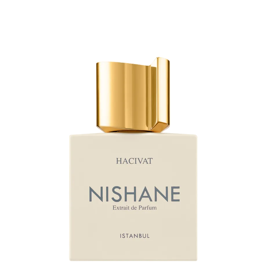 A bottle of Hacivat Nishane Extrait de Parfum, featuring a cream-colored rectangular bottle with a metallic gold cap, set against a solid white background.